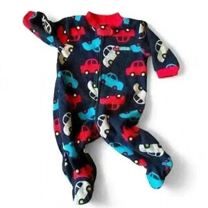 Carters sz 3mo Baby Fleece Footed Pajama  zip up w/ blue and red car pattern